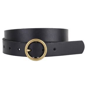 Brass Toned Circle Buckle Leather Belt Black
